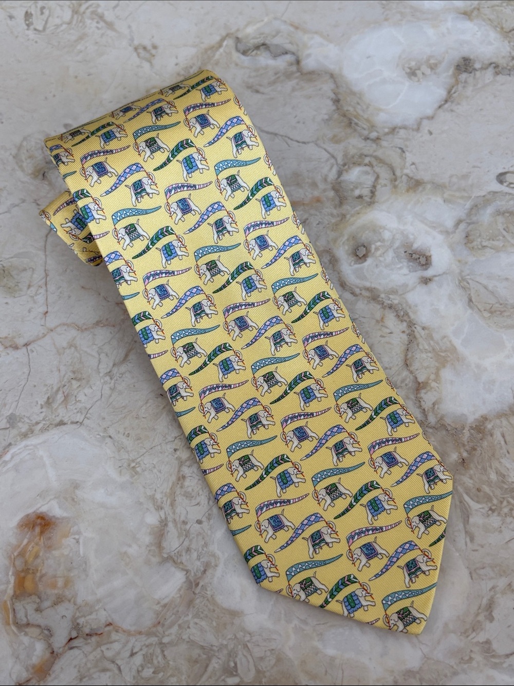 Salvatore Ferragamo Yellow Elephant Print 100% Silk Tie | Made in Italy
